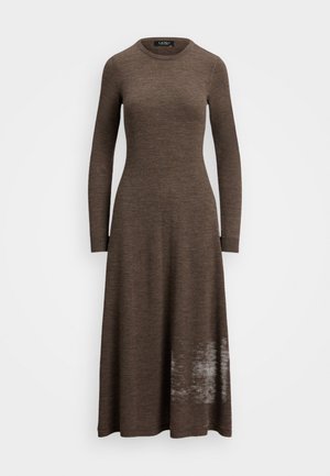 Brown, long-sleeve knitted dress with a round neckline. Fitted at the top and flares out towards the hem, featuring a faded detail near the bottom.