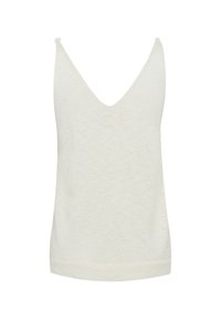 Light cream tank top with a deep V-neck and thin straps. Made from soft material with a slightly textured finish. No embellishments.