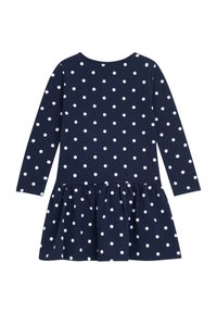 Marinblaues Langarmkleid mit weißen Punkten, ausgestattet mit einem gerafften Rock und rundem Ausschnitt. Aus weicher, strukturierter Baumwollqualität.