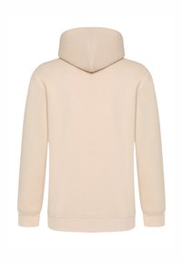 Beige hooded sweatshirt met lange mouwen, gladde textuur, geribbelde boorden en zoom, en een eenvoudig, onopgesmukt ontwerp.