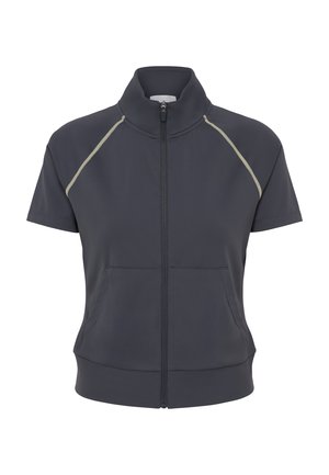 Veste zippée à manches courtes gris foncé avec col montant, coutures réfléchissantes légères sur les épaules et poche kangourou à l'avant.