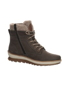 Brown leather ankle boot with a textured wool collar, dual side zip, and contrasting beige rubber sole. Features brown laces and stitching accents.