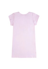 Abito rosa corto in cotone con scollatura tonda e maniche a cappuccio, caratterizzato da una texture semplice e liscia e una lunghezza al ginocchio.