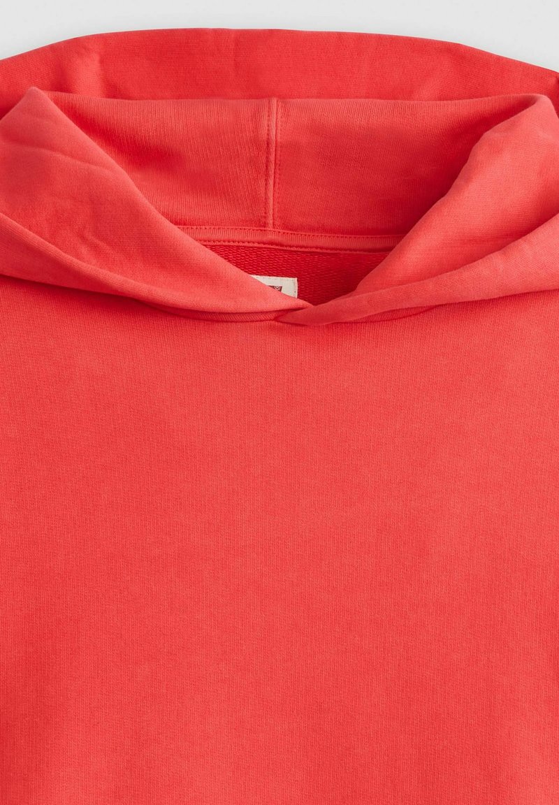 Koralle Baumwoll-Hoodie mit entspannter Passform, gerippten Bündchen und Kapuze mit Kordelzug. Glatte Textur ohne sichtbare Muster oder Beschläge.