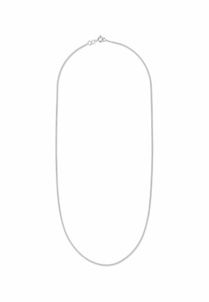 Silberne Halskette, runde Glieder, glatte Textur, flexibles Design, mit einem sicheren Verschluss. Ungefähr mittellang.