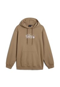 Felpa con cappuccio marrone realizzata in tessuto morbido, con tasca a marsupio frontale e stampa del logo bianco. Cordini regolabili nel cappuccio.