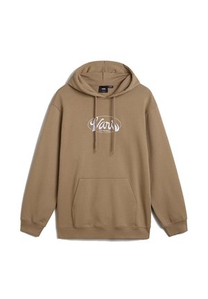 Brun hætte sweatshirt lavet af blødt stof, med en frontlomme og et hvidt logo print. Justerbare snore i hætten.