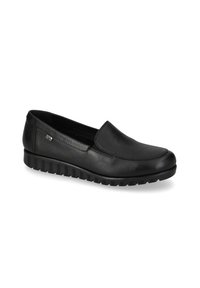 Scarpa nera in pelle slip-on con punta arrotondata, suola in gomma testurizzata e design minimalista. Presenta dettagli cuciti sulla parte superiore.