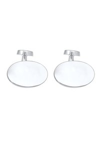 Silberne Metallcufflinks in ovaler Form mit polierter Oberfläche und flacher Gestaltung. Verfügt über ein einfaches, minimalistisches Design ohne Muster.