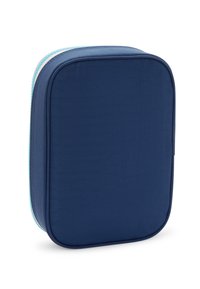 Custodia da viaggio blu navy in tessuto, forma rettangolare, chiusura con zip con accenti in azzurro e rosa, texture liscia, design minimale.