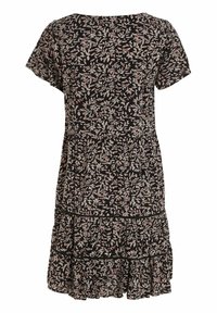 Schwarzes Kleid mit kurzen Ärmeln, einem gestuften Rüschendesign und einem floralen Muster in sanftem Pink und Weiß über den gesamten Stoff.