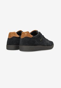 Sneaker in camoscio nero con dettagli in camoscio marrone e stelle dorate sul tallone. Superficie testurizzata e suola in gomma con marchio impresso.