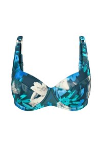 Biustonosz z fiszbinami w połączeniu niebieskich i białych wzorów kwiatowych. Posiada regulowane ramiączka oraz gładką, błyszcząca teksturę materiału.