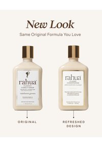 Deux bouteilles beiges de Rahua Classic Conditioner avec des bouchons dorés côte à côte, étiquetées design original et design rafraîchi, promouvant la même formule avec un nouveau look.