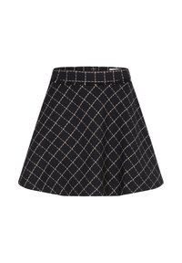 Gonna nera realizzata in tessuto strutturato con un design svasato, caratterizzata da un motivo a diamante crema e una vita.