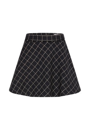 Gonna nera realizzata in tessuto strutturato con un design svasato, caratterizzata da un motivo a diamante crema e una vita.