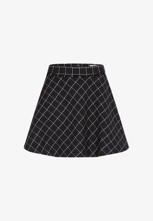 Black skirt made of textured fabric with a flared design, featuring a cream diamond pattern and a waistband.