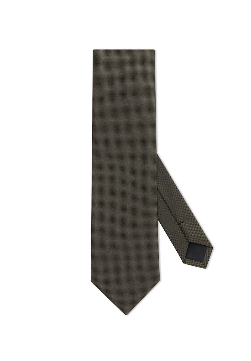Ciemnozielony krawat z teksturowanej tkaniny, o wąskim kroju i spiczastym końcu. Subtelny wzór dodaje głębi kolorowi.