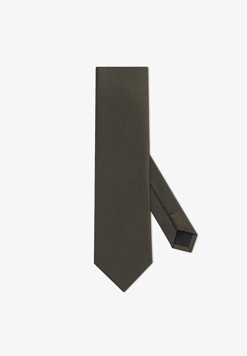 Ciemnozielony krawat z teksturowanej tkaniny, o wąskim kroju i spiczastym końcu. Subtelny wzór dodaje głębi kolorowi.