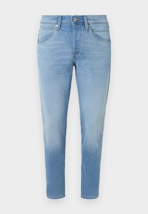 Hellblaue Jeans aus Denim mit fünf Taschen, Knopfverschluss und schmal zulaufenden Beinen.