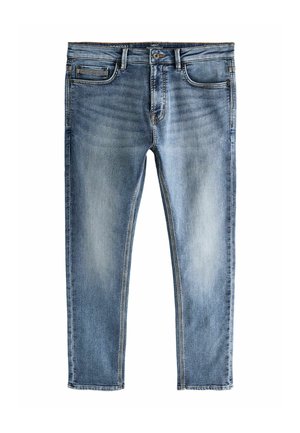 Blaue Jeans aus Denim mit einer ausgebleichten Optik, fünf Taschen, kontrastierendem Nähen und einem Metallknopfverschluss an der Taille.