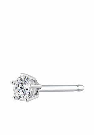 Pendiente de plata con un brillante redondo de aspecto diamante, engastado en una montura de seis garras, con un acabado pulido y un vástago delgado.