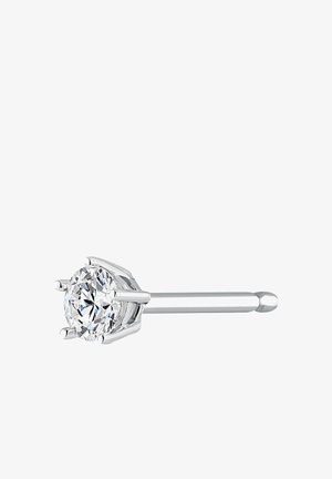 Pendiente de plata con un brillante redondo de aspecto diamante, engastado en una montura de seis garras, con un acabado pulido y un vástago delgado.