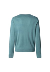 Light blue knit sweater, ribbed texture, crew neckline, long sleeves, fitted waist, clean design, no visible graphics or patterns.