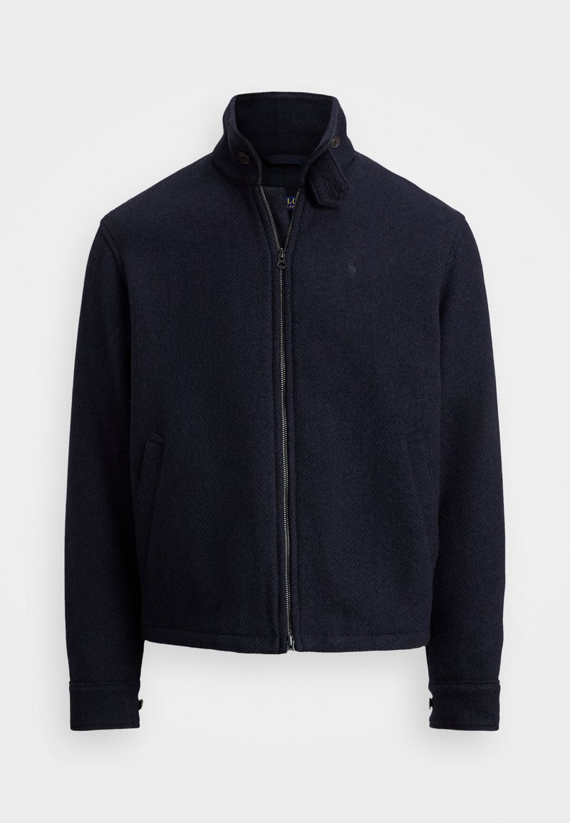 Navy Blau Wollmischung Jacke mit Reißverschluss, Stehkragen und zwei Seitentaschen. Strukturiertes Gewebe mit subtilen Fischgrätmuster.