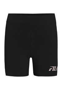 Shorts sportivi neri realizzati in un tessuto liscio e elastico. Presentano un ampio elastico in vita e un logo FILA bianco e rosso sulla gamba destra.