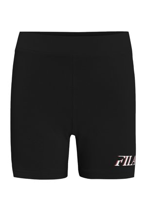 Shorts de sport noirs en tissu lisse et extensible. Ils disposent d'une large taille et d'un logo FILA blanc et rouge sur la jambe droite.