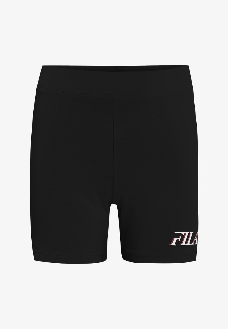 Zwarte sportieve shorts van gladde, rekbare stof. Heeft een brede tailleband en een witte en rode FILA-logo op het rechterbeen.