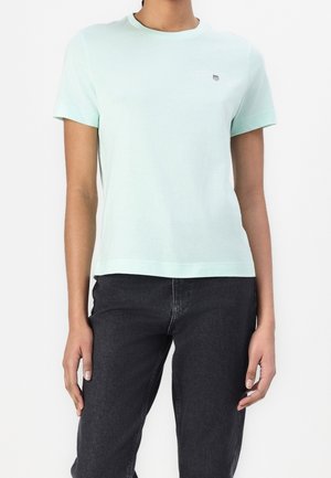 Woman wearing a light mint green short-sleeve t-shirt and black high-waisted jeans standing against a white background.