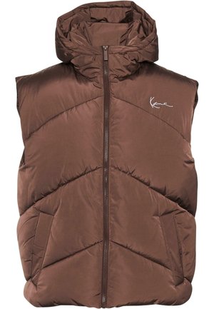 Veste matelassée sans manches marron avec col montant, fermeture éclair à l'avant, deux poches latérales et petit logo blanc sur la poitrine.