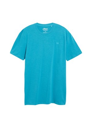 Prosty, jaskrawoniebieski t-shirt z krótkim rękawem i okrągłym dekoltem, z małym, subtelnym logo po lewej stronie piersi.