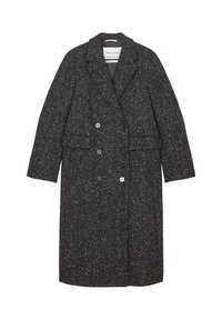 Cappotto doppiopetto in tessuto a fantasia bianco e nero, con colletto a rever, maniche lunghe e due tasche anteriori.