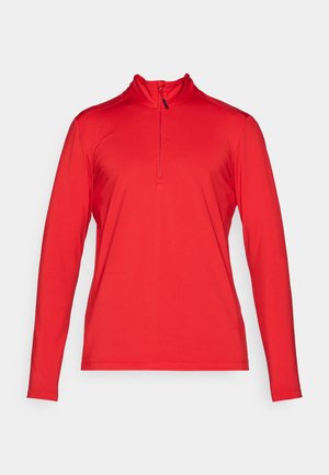 Röd långärmad sporttop med kvartdragkedja, tillverkad av lätt material, med hög krage och platta sömmar för komfort.