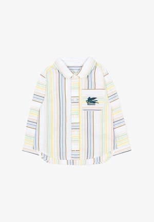 Camisa de manga larga con botones, con rayas verticales multicolores y un bolsillo en el pecho que presenta un caballo alado azul bordado.