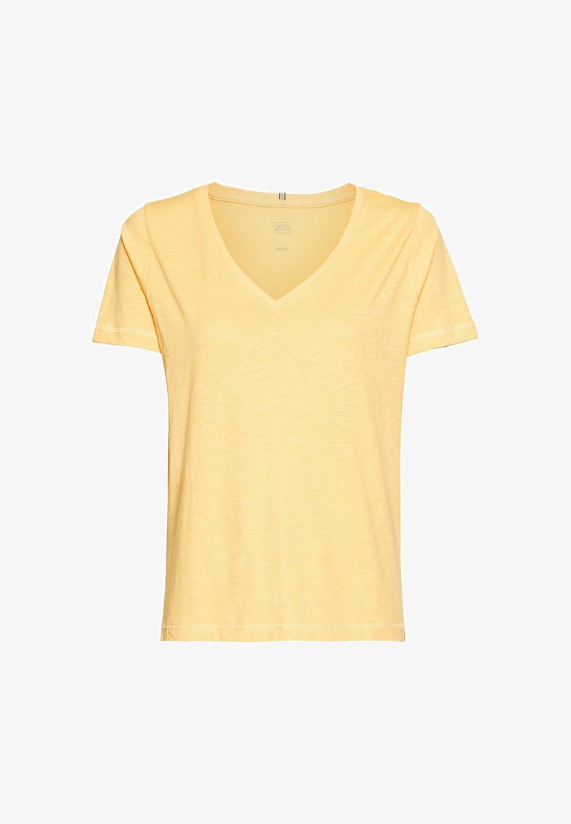 Yellow cotton V-neck t-shirt with short sleeves, a relaxed fit, and subtle texture. Features stitched hems and an organic label.