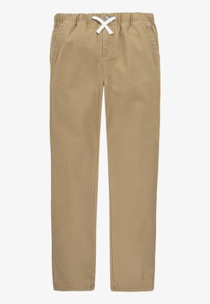 Pantaloni in cotone beige con vita elastica, cordino bianco, gamba dritta e design classico. Adatti per un look casual.