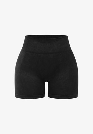 Schwarze hochtaillierte Shorts aus weichem, elastischem Stoff. Mit einem strukturierten Taillenbund und einer glatten Oberfläche. Klassisches Design ohne Muster.