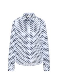 Hvid skjorte med knapper og et blåt geometrisk mønster. Den har lange ærmer og en klassisk krave, lavet af et glat stof.