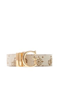 White woven belt featuring a gold-tone G-shaped buckle and a subtle brown logo pattern throughout the strap. Smooth texture, modern design.