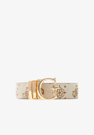 Ceinture tissée blanche avec une boucle en forme de G en ton doré et un subtil motif logo brun sur toute la sangle. Texture lisse, design moderne.
