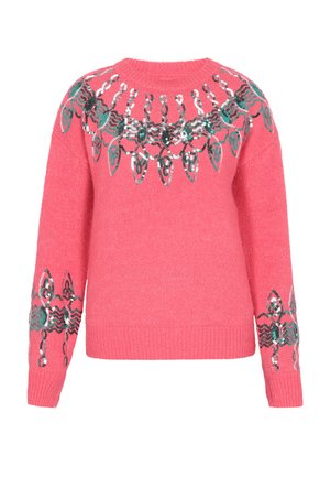 Rózsaszín kötött pulóver zöld, fehér és fekete flitteres absztrakt levél és lánc mintával a mellrészen és az ujjakon.