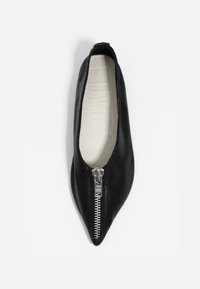 Czarne skórzane płaskie buty z szpiczastym noskiem, z zamkiem błyskawicznym z przodu. Gładka faktura i minimalistyczny design.