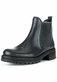 Bottines noires en cuir avec panneaux latéraux élastiques, bout rond, surface texturée, petit talon bloc et semelle crantée robuste.