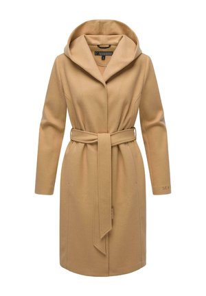 Beige wool blend coat with a hood, long sleeves, and a belted waist. Features side pockets and a smooth, slightly textured finish.