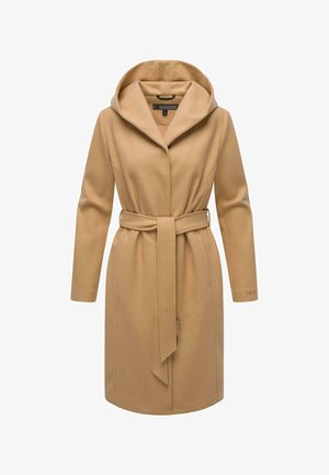 Beige wool blend coat with a hood, long sleeves, and a belted waist. Features side pockets and a smooth, slightly textured finish.