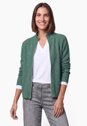 Lächelnde Frau mit glatten braunen Haaren, die einen grünen Reißverschluss-Pullover über einem weißen Hemd und grauen Jeans trägt, vor weißem Hintergrund stehend.